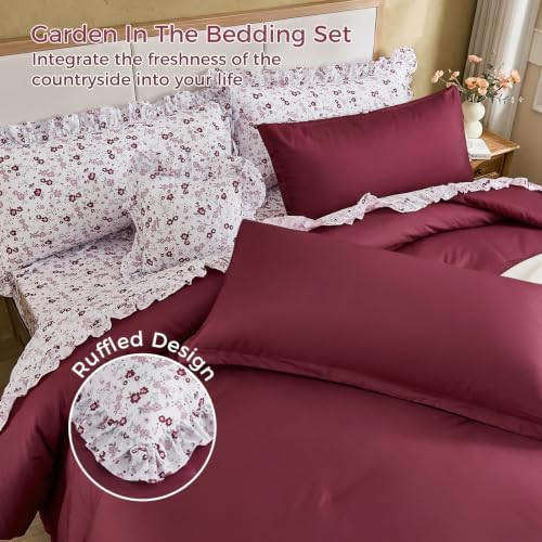 WONGS BEDDING 8PC Queen Comforter Set, Ruffle Comforter with Floral Sheets
