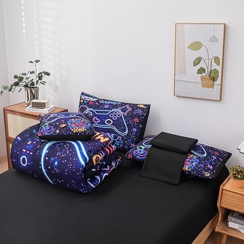 MWMWMW 6 Pcs Gaming Bedding Sets for Boys, Boys Twin Bedding Set, Gamer Comforter Set Twin for Kids Girls (1 Comforter, 1 Flat Sheet, 1 Fitted Sheet, 1 Pillow Cover, 2 Pillowcases)