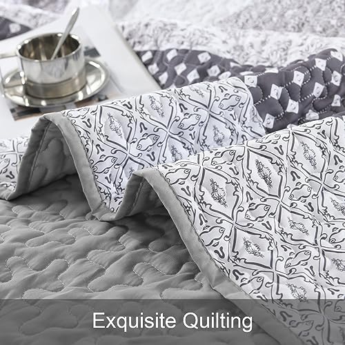 WONGS BEDDING Grey Queen Size Quilt Set, Boho Striped Bedspread