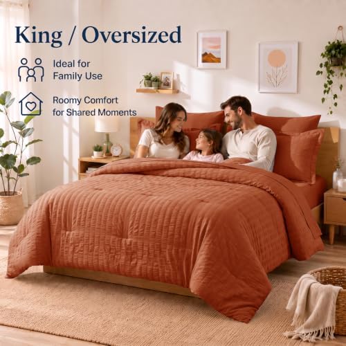 CozyLux Oversized King Comforter Set 120x98 7-Piece Burnt Orange Seersucker