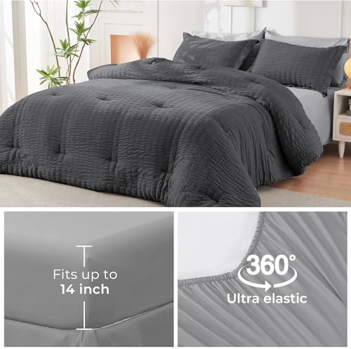 HYMOKEGE Dark Grey/Light Grey Full Size Comforter Sets Seersucker 7 Pieces, All Season Luxury Bed in a Bag for Bedroom, Bedding Set with Comforter, Sheets, Pillowcases & Shams