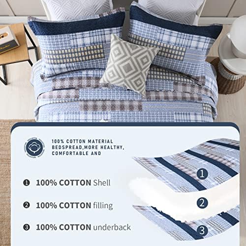 Finlonte Quilt Queen Size 100% Cotton Queen Size Quilts Blue Beige White Bedspreads Plaid Quilts Lightweight Soft Breathable Bedding Sets for All Season, 3 Piece