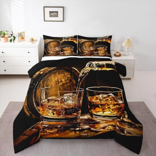 Whisky Drinks Kids Comforter Set Twin Size,Whiskey Malt Liquor Drinking Modern Bedding Set,Girls Boys Room Decor,Bar Beer Glass Quilt Comforter,Western Fashion Duvet Insert,1 Pillowcase