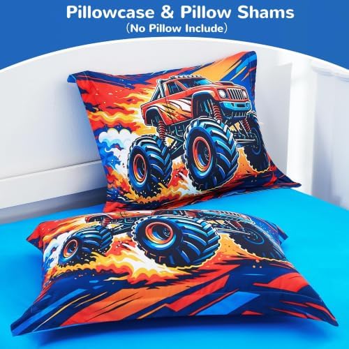 Viviland Kids Bedding Set Full Size Comforter Sets, Bed in Red Monster Truck Cover Set for Children