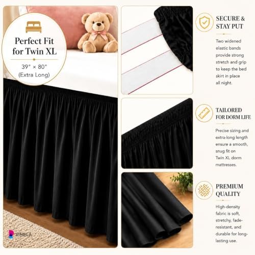Dorm Room Bed Skirt Twin XL 22" Drop, College Split Corner Bedskirt, Black