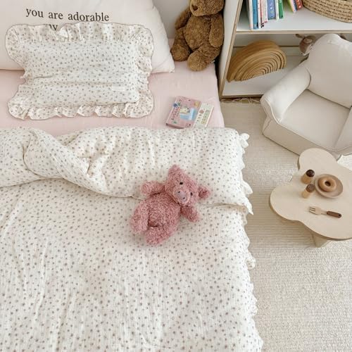 VM VOUGEMARKET 3 Pieces Full Cream Duvet Cover Set Ruffled,Girls Double-Layer Cotton Gauze Duvet Cover with Floral Pattern,Zipper Closure & Corner Ties,80"x90"