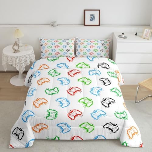 Castle Fairy Gaming Bed Comforter Set Queen Size,Modern Gamepad Super Soft Microfiber Bedding Set for Adults Teens,Colorful Graffiti Comforter Set,2 Pillowcases