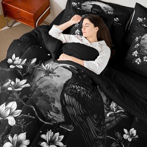 Erosebridal Gothic Raven 7 Piece Bedding Set Queen Halloween Moon Comforter Set with Sheets Vintage Florals Bed in a Bag Mysterious Dark Black Bird Horror Wildlife Bed Sets Comforter