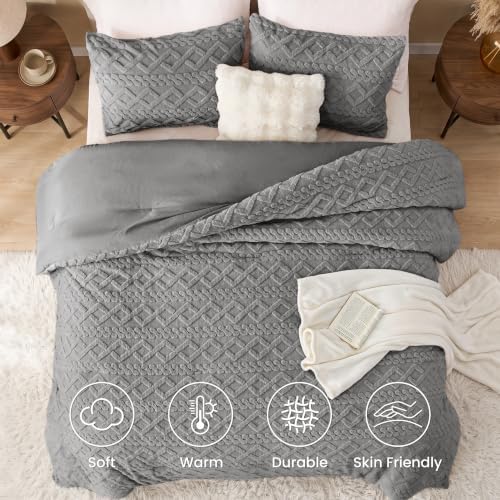 Love's cabin Fleece Queen Comforter Set, Fluffy & Reversible, Dark Grey