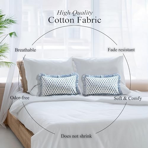 CPC Block Print Apatite Blue Ruffle Cotton Lumbar Pillow Cover 12x20 inch