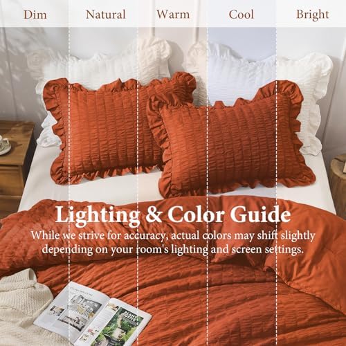 JOLLYVOGUE Burnt Orange Twin Size Comforter Set, 2 Pieces Seersucker Lightweight Fluffy Bedding Set, Twin Ruffle Comforter, All Season Soft Microfiber Shabby Chic Bed Set
