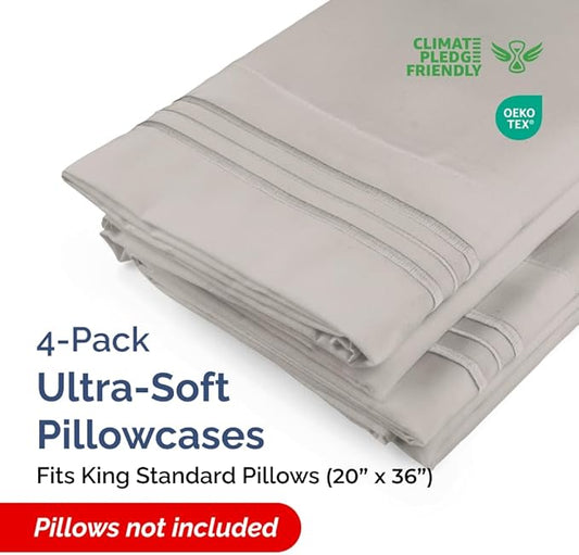 King Standard Pillow Cases Set of 4 - Soft Hotel Quality Pillowcase Covers - Comfy Bedding for Women, Men, Kids & Teens - Machine Washable Pillow Protectors - 4 Piece Set - King Standard Light Grey