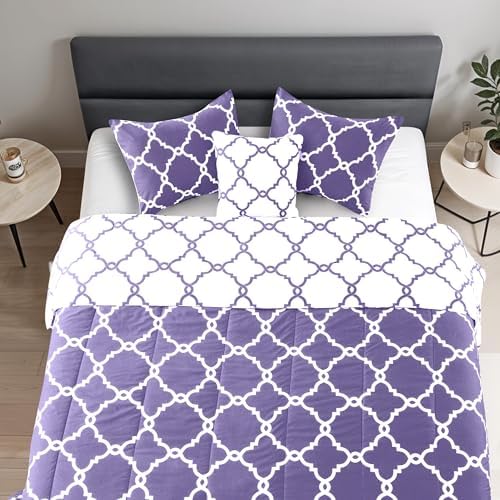 LUX Décor Reversible 5pc Queen Comforter Set, Printed Bedding Set, All-in-One Bed in a Bag, Includes 1 Comforter, 2 Pillow Shams, 1 Decor Pillow & 1 Bed Skirt (Quatrefoil Lavender,Queen)