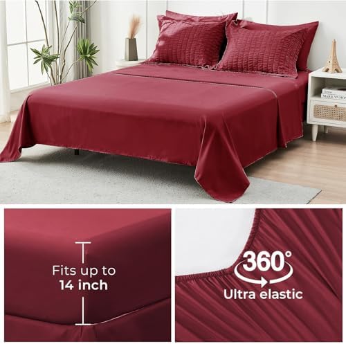 HYMOKEGE Burgundy Oversized King Comforter Set Seersucker 7 Pieces, All Season Luxury Bed in a Bag for Bedroom, Bedding Set with Comforter, Sheets, Pillowcases & Shams