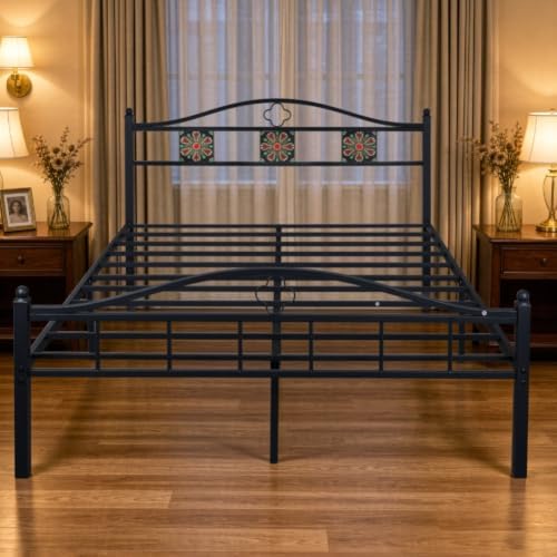 Queen Bed Frame with Headboard Footboard, Victorian Metal Platform Beds
