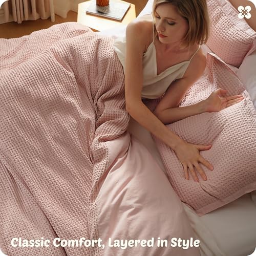 Bedsure PureWoven 3 Pieces 100% Cotton Waffle Duvet Cover Set, Queen, Pink