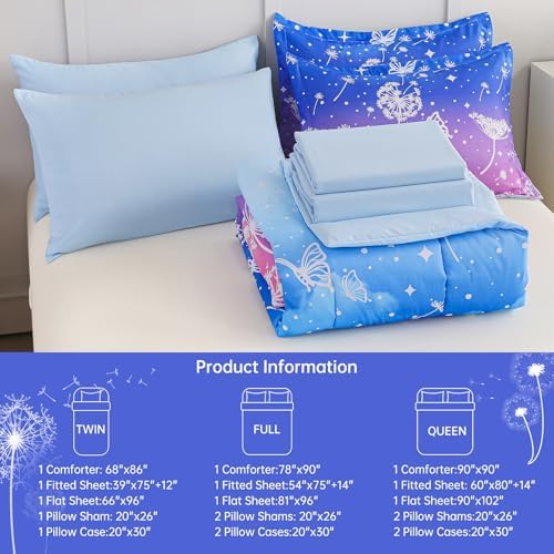 Dinjoy Girls Comforter Set 7 Pieces, Full Size Colorful Ombre Rainbow Bedding Set, Bed in A Bag for Kid Teen Girls (1 Comforter, 1 Flat Sheet, 1 Fitted Sheet, 2 Pillow Shams, 2 Pillowcases)