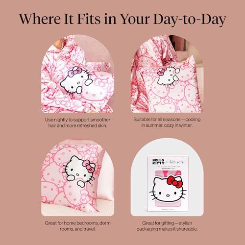 Kitsch x Hello Kitty Satin Pillowcase - Size 19x36, Pink Kitty Faces