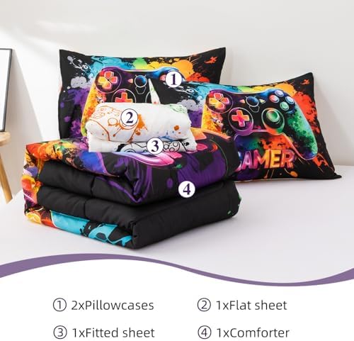 NTBED Game Console Comforter Set for Boys Girls Kids Tie Dye GamingLightweight Microfiber Gamer Bedding Sets (Multi, Queen 5Pcs)