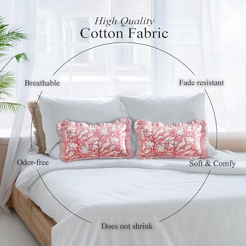 CPC Block Print Pink Coral Ruffle Cotton Lumbar Pillow Cover 12x20 inch