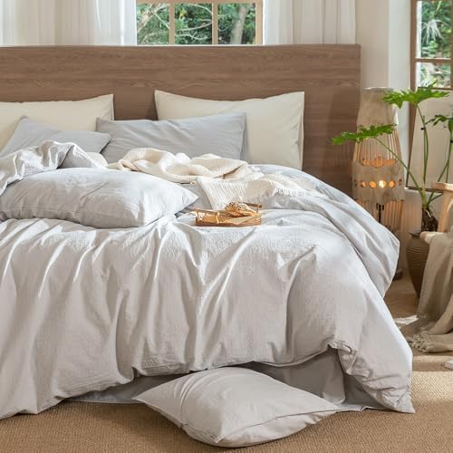 MooMee Wavy Striped Duvet Cover Set 100% Washed Cotton Linen Like Textured Breathable Durable Soft Comfy (Light Grey, Cal King 104"x98")
