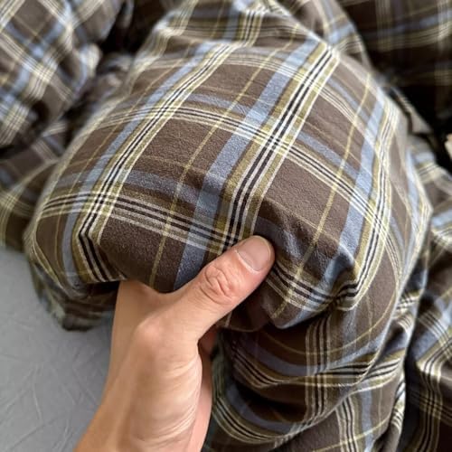 PinkMemory Brown Blue Gingham Buffalo Plaid Duvet Cover King 100% Washed Cotton Vintage Checkered Duvet Cover Set 3pcs Retro Grid Bedding Set with Zipper Closure Corner Ties,Soft Breathable