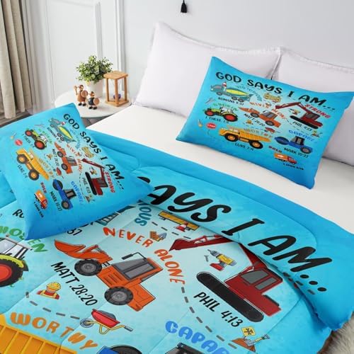 Boys Construction Vehicles Truck Comforter Set Queen,Christian Kids God Says I Am Construction Bedding Set,Car Excavator Tractor Bedroom Set(1 Comforter 2 Pillowcase) Blue
