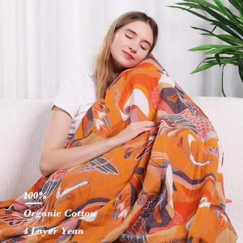 VANJOROY Boho Large Throw Blanket, 100% Organic Muslin Cotton Breathable Soft Bed Throw - Floral Bird Farmhouse Decor Blanket for Sofa Couch Chair Quilt and Gift. 80" x 90"- Colorful