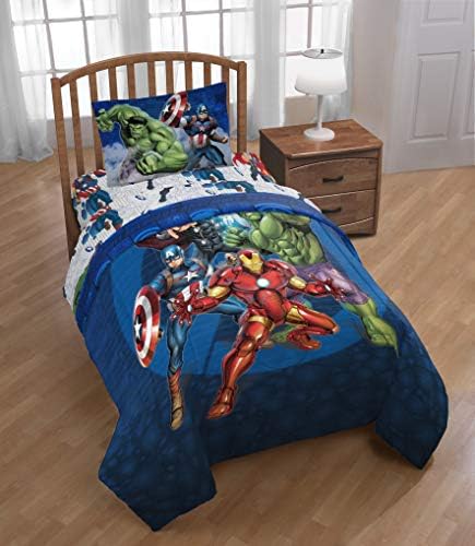 Jay Franco Marvel Avengers Blue Circle 4 Piece Twin Bed Set - Includes Reversible Comforter & Sheet Set - Super Soft Fade Resistant Polyester (Official Marvel Product)
