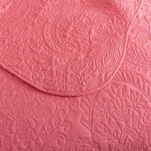 HoneiLife Queen Quilt Bedding Set - Microfiber Quilt Sets for Queen Bed, 3-Piece Lightweight Bedspreads,Reversible Coverlets Rustic Bedlinen Sets, Floral Bedding Set All Season Quilts-Sugar Coral