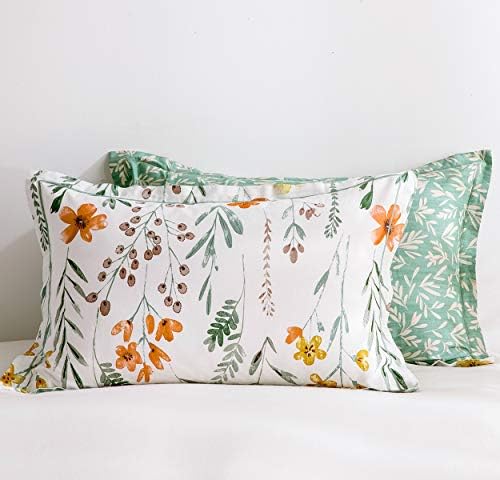 SLEEPBELLA King Size Comforter Set Yellow Flowers & Green Botanical Pattern Printed on White 100% Cotton Fabric, Ultra Soft Microfiber Inner Fill 3Pcs Bedding Set