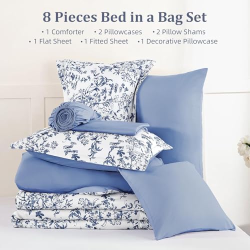 6 Pieces Blue Comforter Set Twin Size, Floral Bed in a Bag Comforter Sets