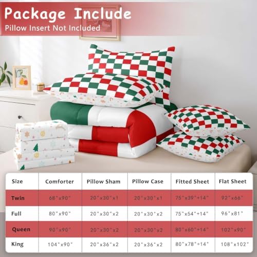 Feelyou Checkered Christmas Comforter Set with Sheets 7 Piece King Size Red Green Plaid Bedding Set for Kids Boys Girls Geometric Vintage Bed in a Bag Modern Simple Groovy Aesthetic Room Decor Soft
