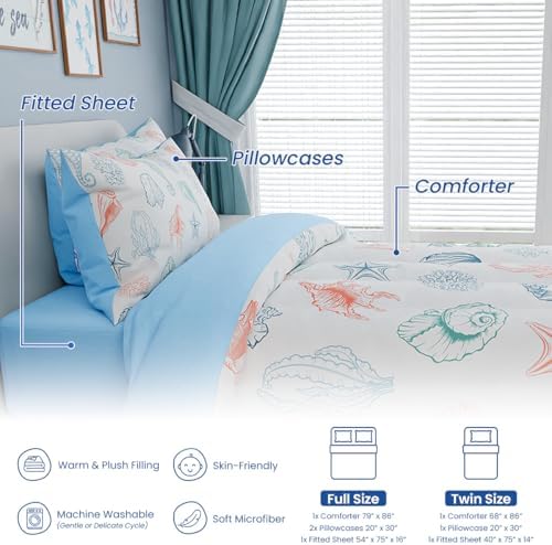 Kids Bedding Set for Girls Boys, Ultra Soft Microfiber Comforter Set Twin Size with 3-Pieces, Seashell Ocean Comforters Bed Sets for Kid Children Teen Tween Bedroom Decor