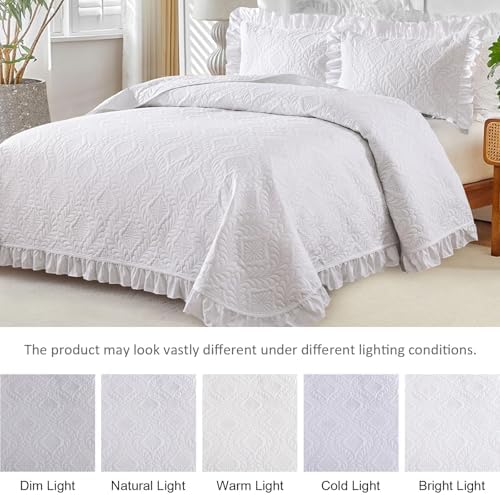 DJY Queen Size Quilt Sets, White Bedspreads, Ruffled Bedding Set