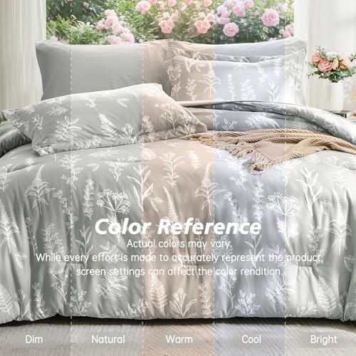 MUXHOMO Silver Grey Full Comforter Set, Elegant Floral Print Bed in a Bag 7 Pieces, Ultra Soft & Breathable Reversible Botanical Pattern Bedding Set with Comforter, Sheets, Pillowcases, and Shams