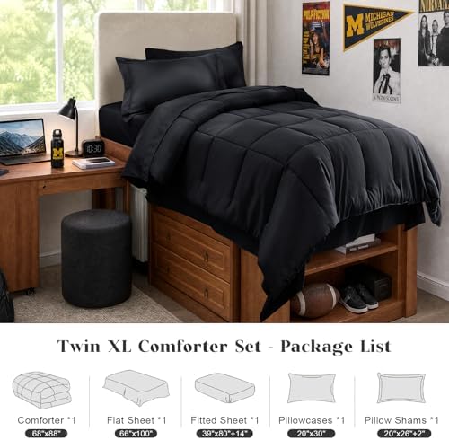 JOLLYVOGUE Twin XL Comforter Set, Ultra-Soft Bed in a Bag Twin XL Size 5 Pieces, Oeko-TEX Certified Bedding Set with Down Alternative Comforter, Sheets, Pillowcases & Shams, Black