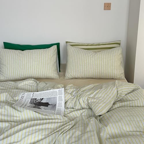 mixinni Vintage Geometric Striped Duvet Cover Set - 3 Piece 100% Washed Cotton Twin Size Bedding Set with Matching Pillowcases | Mid-Century Modern Design | Ultra Soft & Breathable-Twin Size