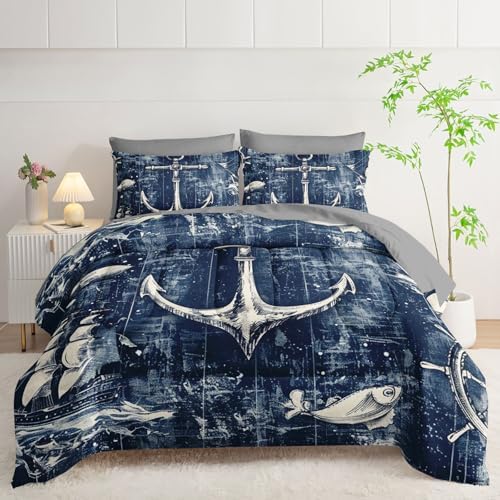 7Pcs Nautical Anchor Comforter Set Ocean Sailboat Printed Bedding Set with 1 Comforter, 1 Flat Sheet, 1 Fitted Sheet and 4 Pillowcases for Bedroom All Season(Anchor Queen)