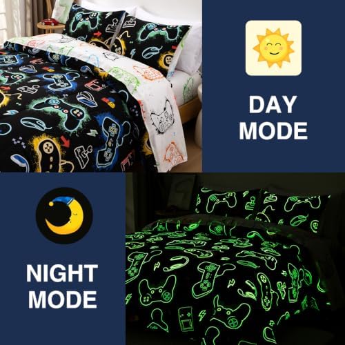 Holawakaka Kid Teen Glow in The Dark Gamer Full Comforter Set 5-Pieces