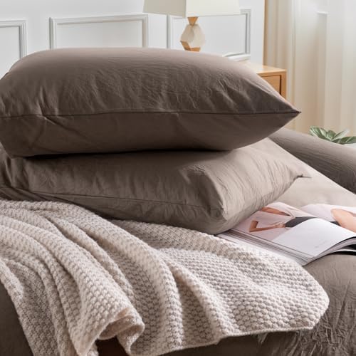 NEXHOME PRO 100% Washed Cotton Duvet Cover King Size, Ogranic Natural Linen Feel Breathable Bedding Set with Zipper Closure, 3 Pieces Duvet Cover Set Chocolate (No Comfortert) 10490