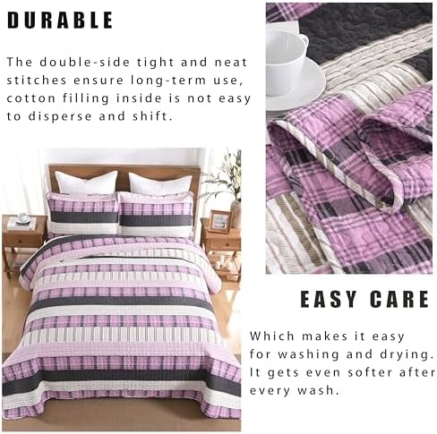 Homzard 100% Cotton King Quilt Bedding Set, Pink Black Striped Plaid King Size Quilt,Lightweight Breathable Vintage Bedspread Set,Reversible Comforter Coverlet Four Season 3 Pieces Bed Set
