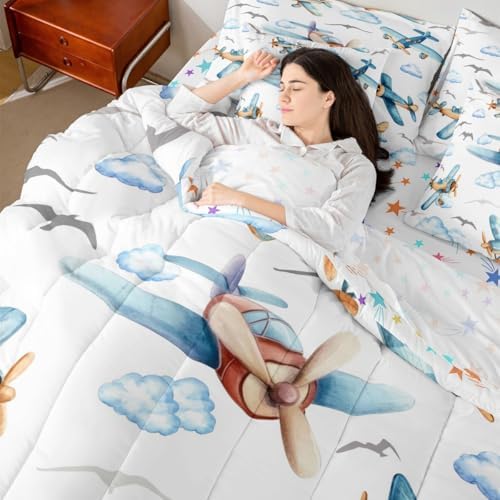 Erosebridal Boys Cartoon Propeller Plane Queen 7 Pcs Bedding Set, Aircraft Airplane Comforter Set with Sheets, Blue Clouds Bed in A Bag for Kids Girls Adults Bedroom, Flying Birds Animals Bed Sets