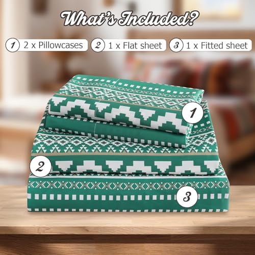 CozySmile 4 Pieces Queen Sheet Set Bohemian, Boho Sheets Soft Microfiber Deep Pocket, Western Sheets Geometric(Queen, Emerald Green)
