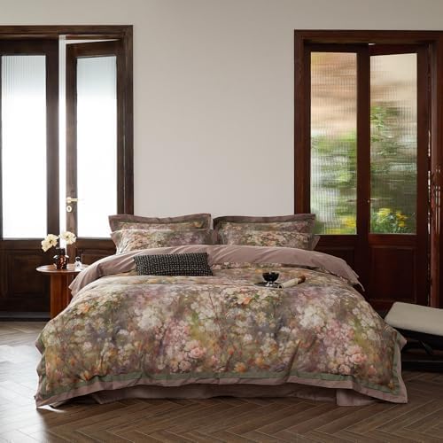 VM VOUGEMARKET Garden Flower Duvet Cover Set Queen,3 Pieces Pink Floral Duvet Cover with 2 Pillow Shams Smooth Silky Long Staple Cotton Bedding Set-Queen,90x90 Inch