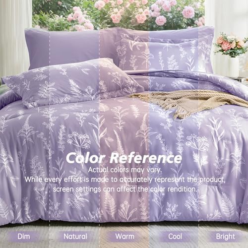 MUXHOMO Lavender Purple Full Comforter Set, Elegant Floral Print Bed in a Bag 7 Pieces, Ultra Soft & Breathable Reversible Botanical Pattern Bedding Set with Comforter, Sheets, Pillowcases, and Shams