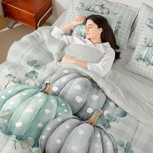 Erosebridal Thanksgiving Day 7 Piece Bedding Set Twin Fall Pumpkins Comforter Set with Sheets Autum Leaves Bed in a Bag Polka Dots Natural Bed Sets Comforter