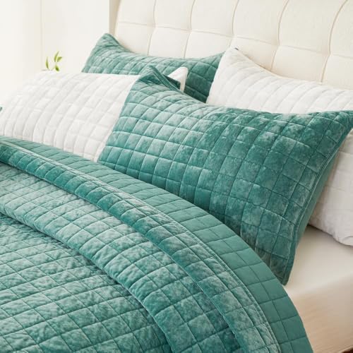 Quilt Set Queen Size 90x98 Luxurious Velvet Bedding Sets with 2 Pillow Shams 20x26 3 Pieces Ultra Soft Quilted Bedspread Coverlet Comforter for All Season,Aqua Green