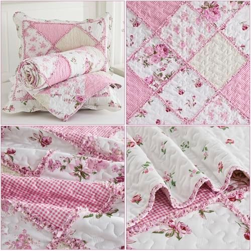 VIVILINEN King Size Quilt Set Pink Floral Patchwork Bedspread Coverlet Set