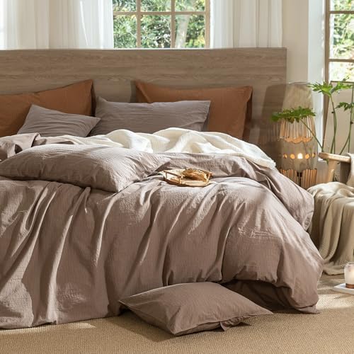MooMee Wavy Striped Duvet Cover Set 100% Washed Cotton Linen Like Textured Breathable Durable Soft Comfy (Brown, Super Queen 90"x98")